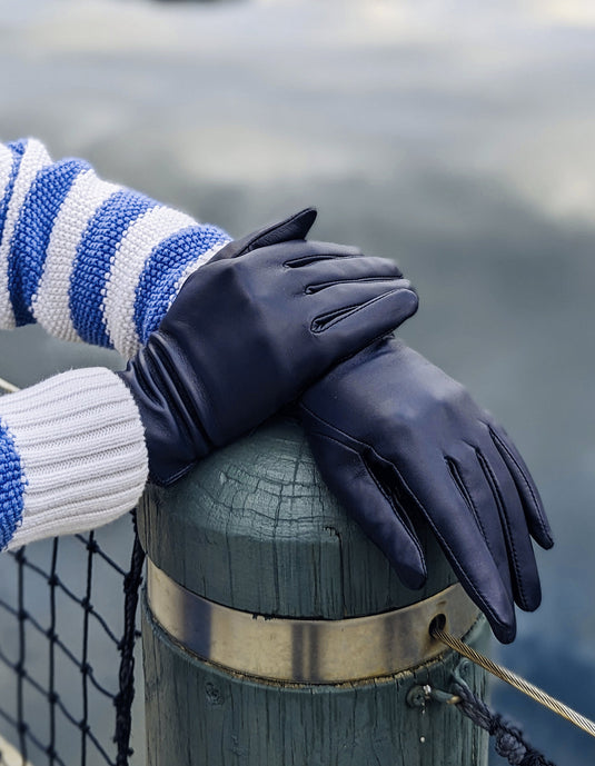 Dents Womens Classic Leather Gloves Winter Warm Soft Smooth Grain - Navy-3