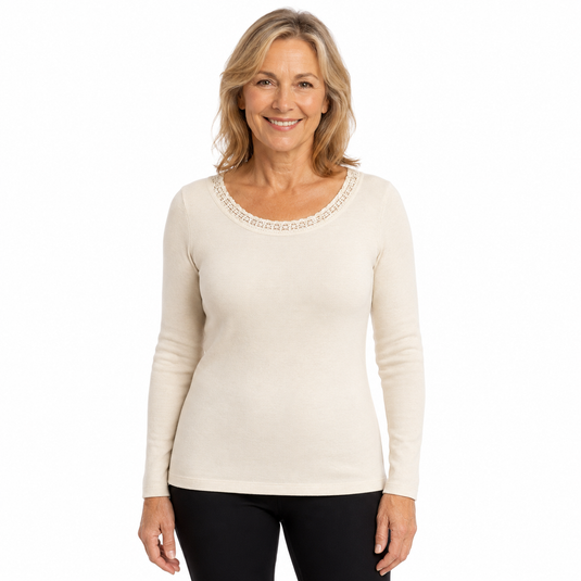 Womens Thermal Long Sleeve Top Wool Blend Underwear Womens Round Neck w/ Motif Lace - Beige-0