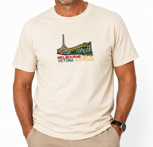 Adult Australia "Melbourne Victoria" T Shirt Australia Day Souvenir Tee Top 100% Cotton in Cream-0
