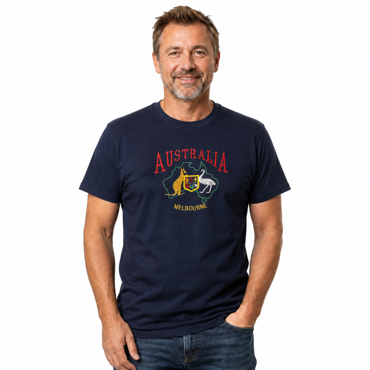 Adult Australia T Shirt Kangaroo Emu Melbourne 100% Cotton Souvenir Tee Top - Navy-3