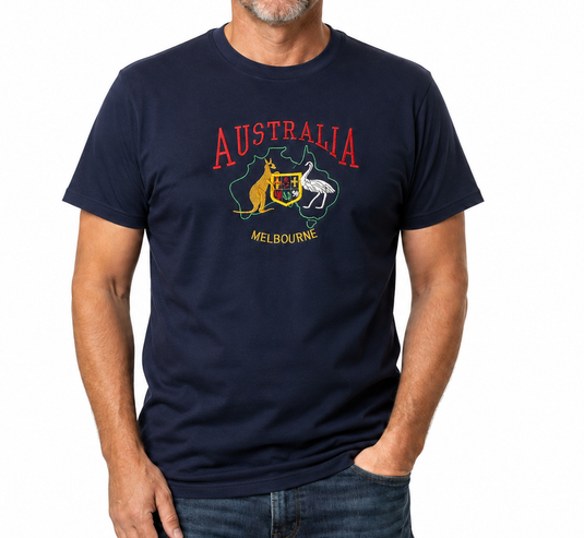 Adult Australia T Shirt Kangaroo Emu Melbourne 100% Cotton Souvenir Tee Top - Navy-1