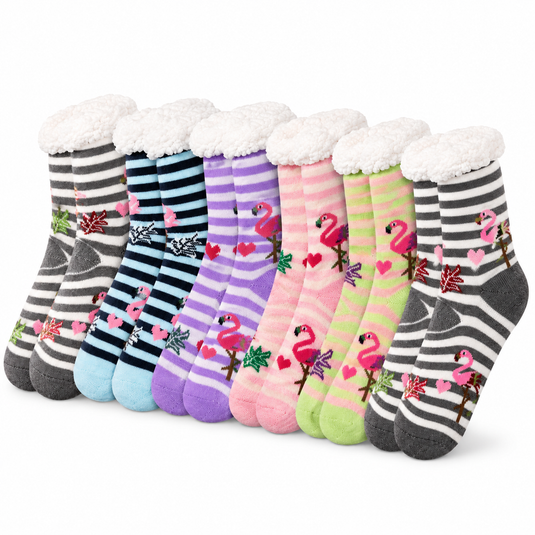 6 Pairs Ladies Thick Fur Bed Socks Womens Sherpa Fluffy Non Slip - Assorted Flamingo-0