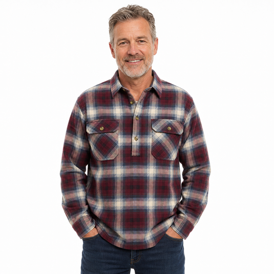 Mens Button Up FLANNELETTE SHIRT Check 100% COTTON Flannel Vintage - Burgundy 97 (Half Placket)-1