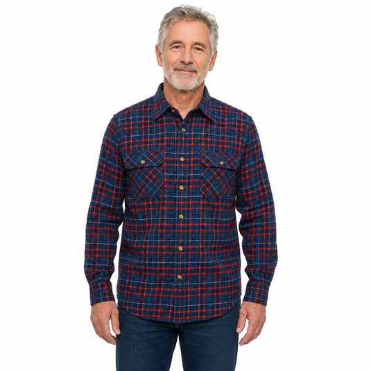 Mens Button Up FLANNELETTE SHIRT Check 100% COTTON Flannel Vintage - Red 90 (Full Placket)-1