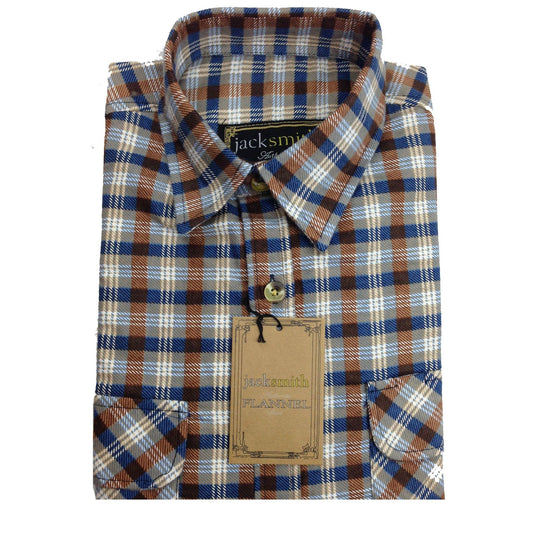 Mens FLANNELETTE SHIRT Check 100% COTTON Flannel Vintage Long Sleeve - Beige (Full Placket)-3