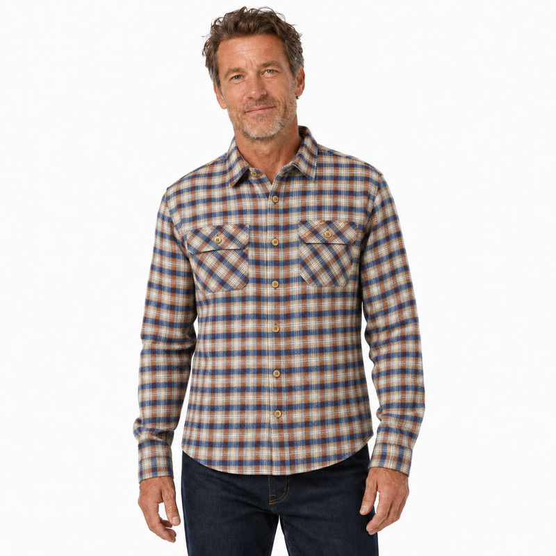 Load image into Gallery viewer, Mens FLANNELETTE SHIRT Check 100% COTTON Flannel Vintage Long Sleeve - Beige (Full Placket)-1
