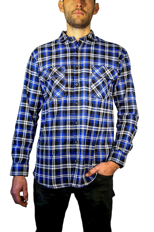 Mens 100% Cotton Flannelette Shirt Long Sleeve Check Authentic Flannel - Denim-1