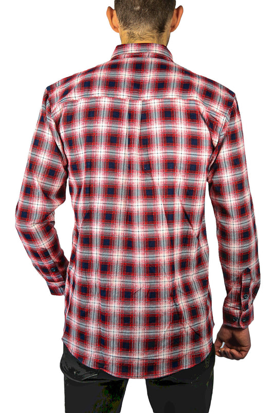 Mens 100% Cotton Flannelette Shirt Long Sleeve Check Authentic Flannel - Red/Navy-3