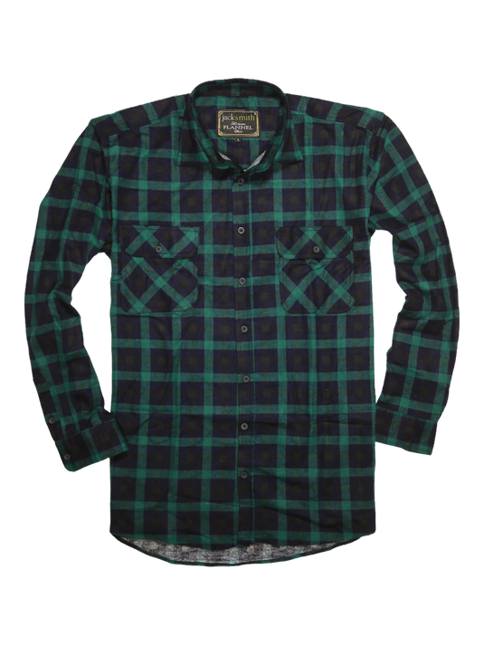 Mens 100% Cotton Flannelette Shirt Long Sleeve Check Authentic Flannel - Green/Navy-3