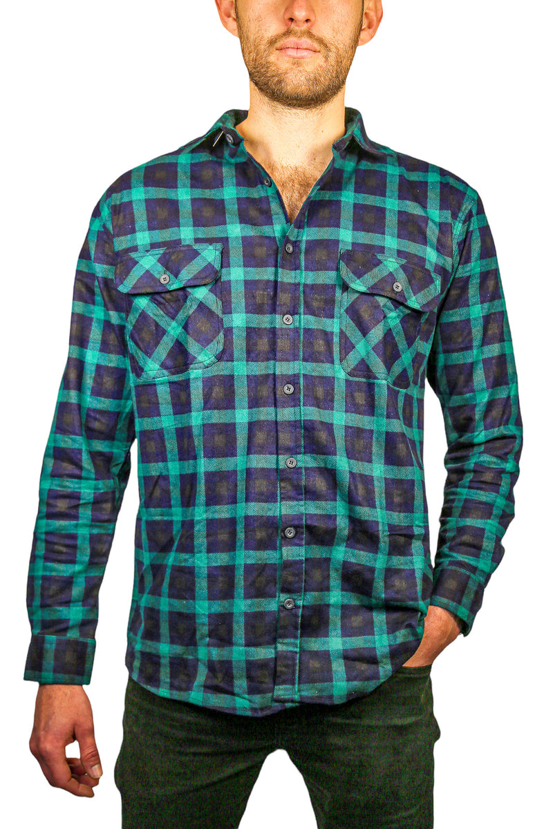 Load image into Gallery viewer, Mens 100% Cotton Flannelette Shirt Long Sleeve Check Authentic Flannel - Green/Navy-0
