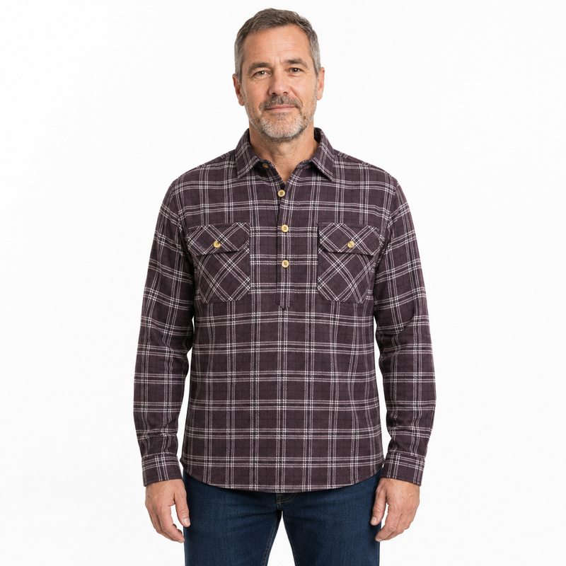 Load image into Gallery viewer, Mens Half Placket Flannelette Long Sleeve Pullover Shirt 100% Cotton Check Authentic Flannel - Burgundy-1
