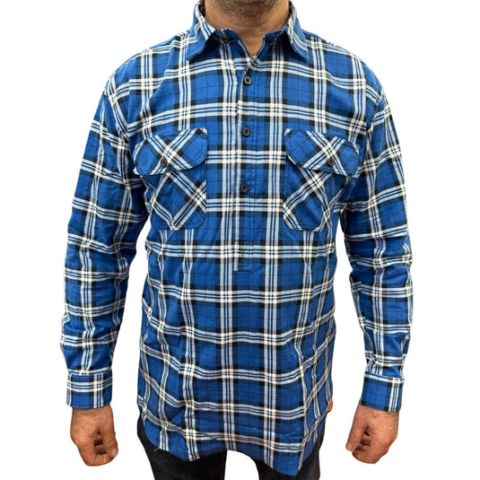 Mens Flannelette Long Sleeve Pullover Shirt 100% Cotton Flannel - Half Placket - Navy-0