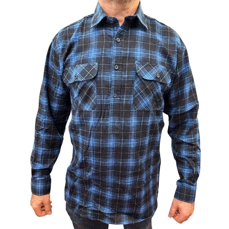 Load image into Gallery viewer, Mens Flannelette Long Sleeve Pullover Shirt 100% Cotton Flannel - Half Placket - Blue-1
