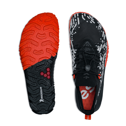 Vivobarefoot Hydra ESC Womens Obsidian top view showing hydrodynamic lacing and Michelin sole design.