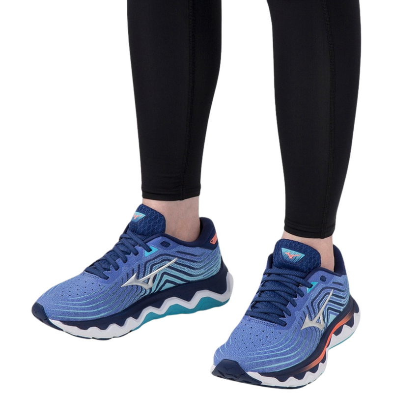 Load image into Gallery viewer, Mizuno Womens Wave Horizon 6 Running Shoes Dazzling Blue/Silver/Neon Flame, 8.5-2
