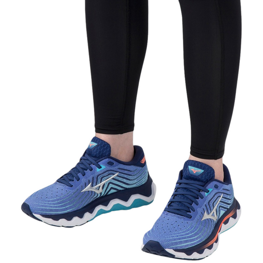 Mizuno Women's Wave Horizon 6 Running Shoes in Dazzling Blue/Silver/Neon Flame – Size US 7.5-2