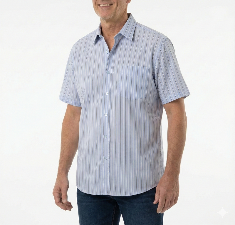 Load image into Gallery viewer, Mens 100% Cotton Button Up Short Sleeve Shirt in Blue Stripe-0
