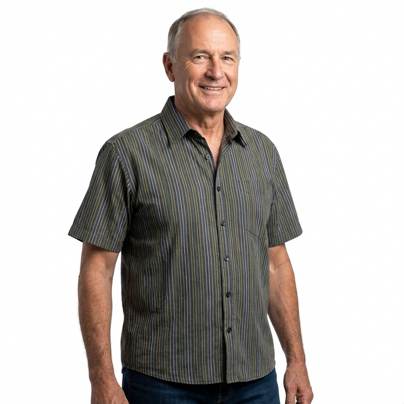 Load image into Gallery viewer, Mens 100% Cotton Button Up Short Sleeve Shirt in Charcoal w/ Assorted Stripes-1
