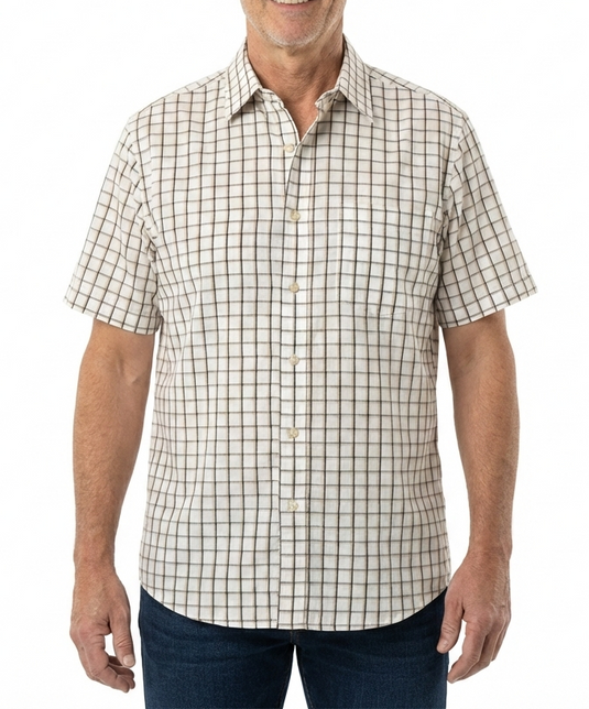 Mens 100% Cotton Button Up Short Sleeve Shirt in White Check-1