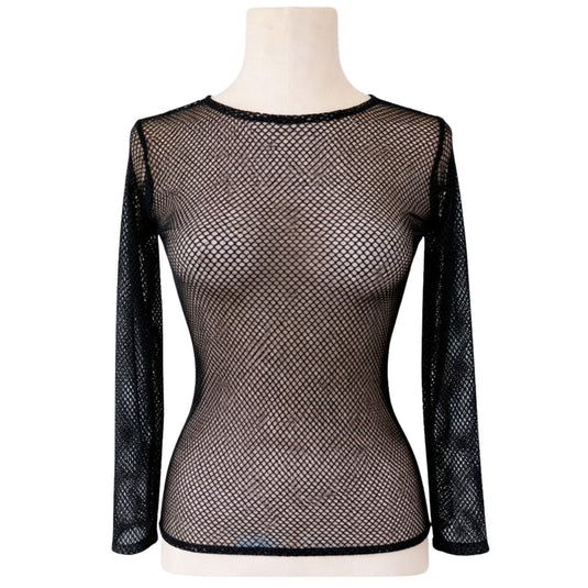 Womens Fishnet Mesh Top Long Sleeve Sheer See Through Party Costume - Black-1