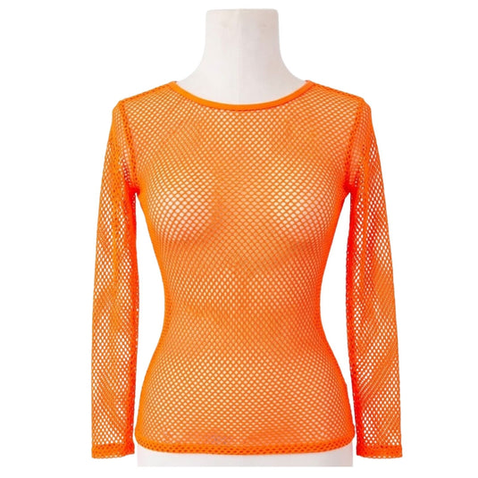 Womens Fishnet Mesh Top Long Sleeve Sheer See Through Costume - Fluro Orange-0
