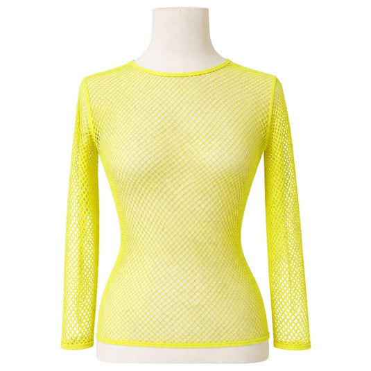 Womens Fishnet Mesh Top Long Sleeve Sheer See Through Costume - Fluro Yellow-0