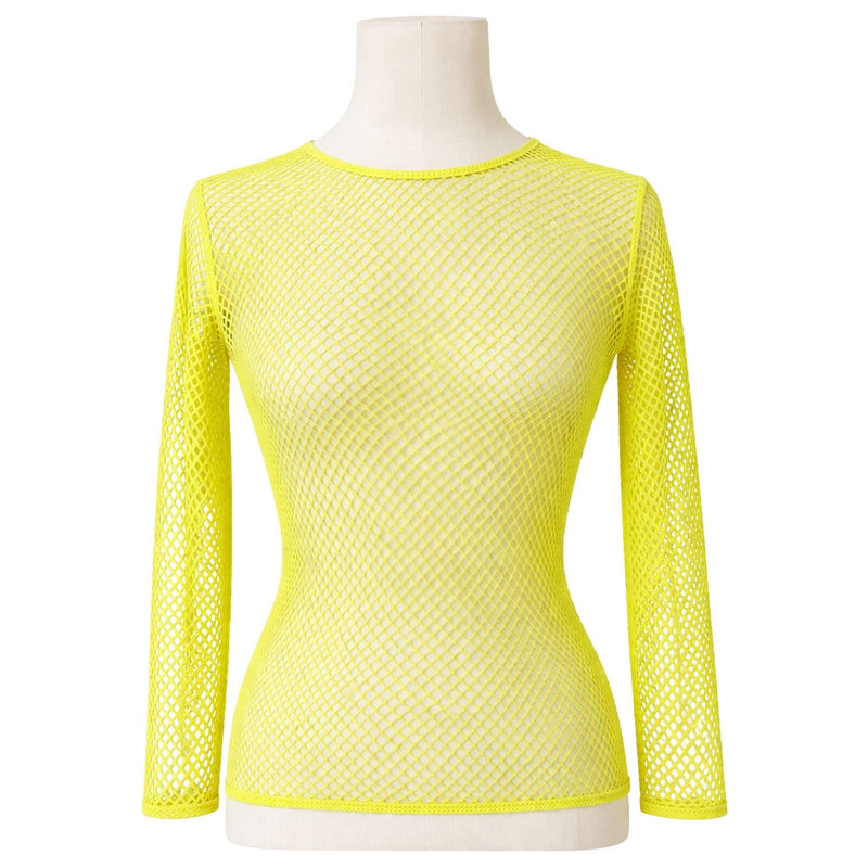 Load image into Gallery viewer, Womens Fishnet Mesh Top Long Sleeve Sheer See Through Costume - Fluro Yellow-1
