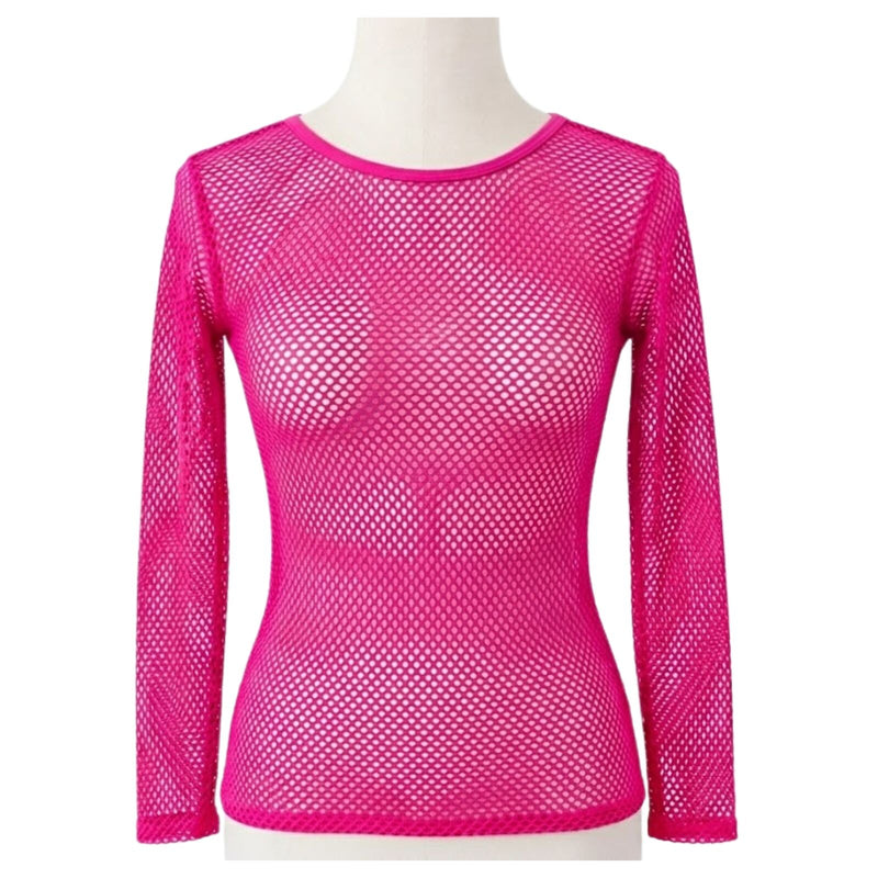 Load image into Gallery viewer, Womens Fishnet Mesh Top Long Sleeve Sheer See Through Party Costume - Hot Pink-0
