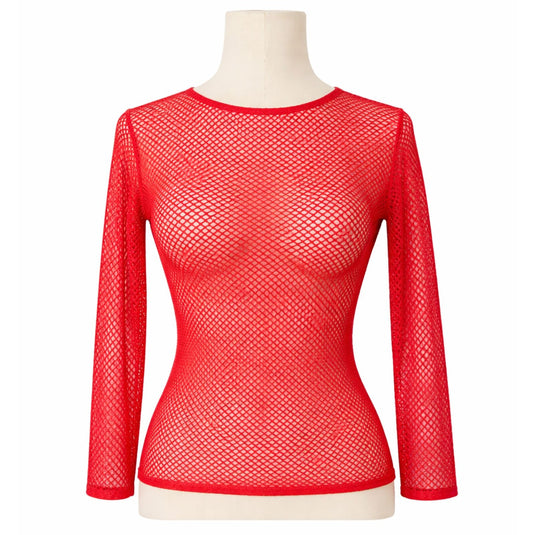 Womens Fishnet Mesh Top Long Sleeve Sheer See Through Party Costume - Red-1