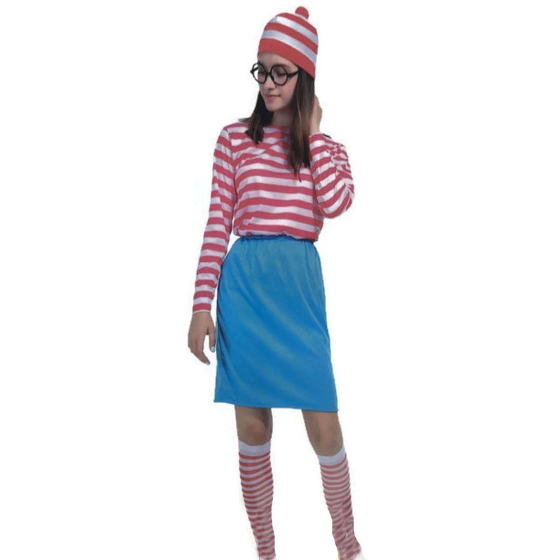 Load image into Gallery viewer, Womens Wheres Wally COSTUME FULL SET Party Hat Shirt Top Pants Ladies Book Week-0
