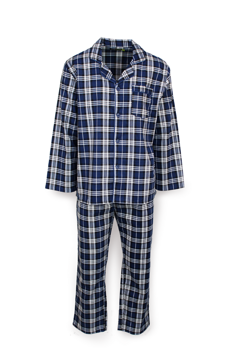 Load image into Gallery viewer, Mens Flannelette Pyjama Set Sleepwear Soft 100% Cotton PJs - Blue &amp; White Check-1
