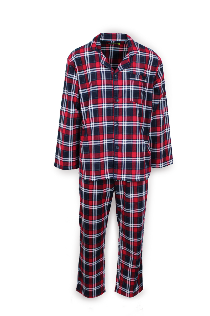 Load image into Gallery viewer, Mens Flannelette Pyjama Set Sleepwear Soft 100% Cotton PJs - Navy/Red-1
