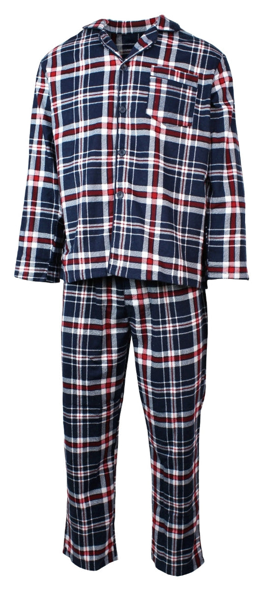 Mens Flannelette Pyjama Set Sleepwear Soft 100% Cotton PJs Two Piece - Navy/Red Check-0