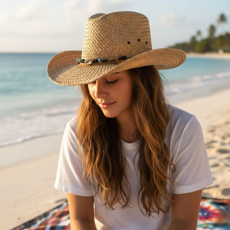 Load image into Gallery viewer, Jacaru 1818D Straw Cowboy Hat – Turquoise Bead Band | Vegan
