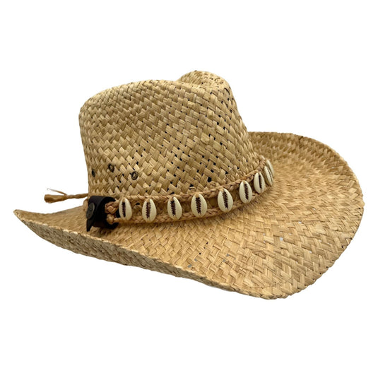 Jacaru 1818I Straw Cowboy Hat – Large Shell Hatband | Vegan | Summer Hat
