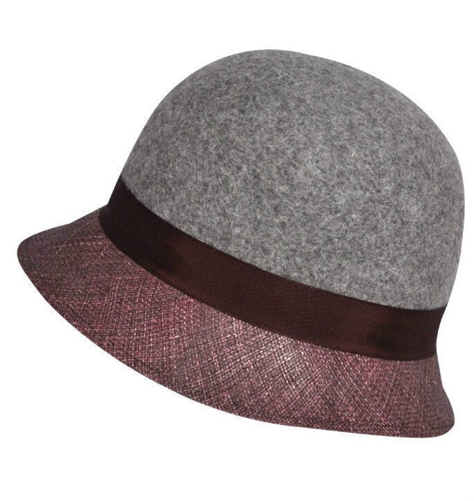 Load image into Gallery viewer, KANGOL Womens Dapper Felt &amp; Straw Cloche Hat Wool K0817LX - Slate/Eggplant - S-1
