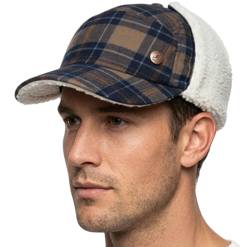 Load image into Gallery viewer, Plaid Supre Trapper Ushanka Hat Sherpa Lined Winter Ear Flap Cap - Navy/Khaki-1
