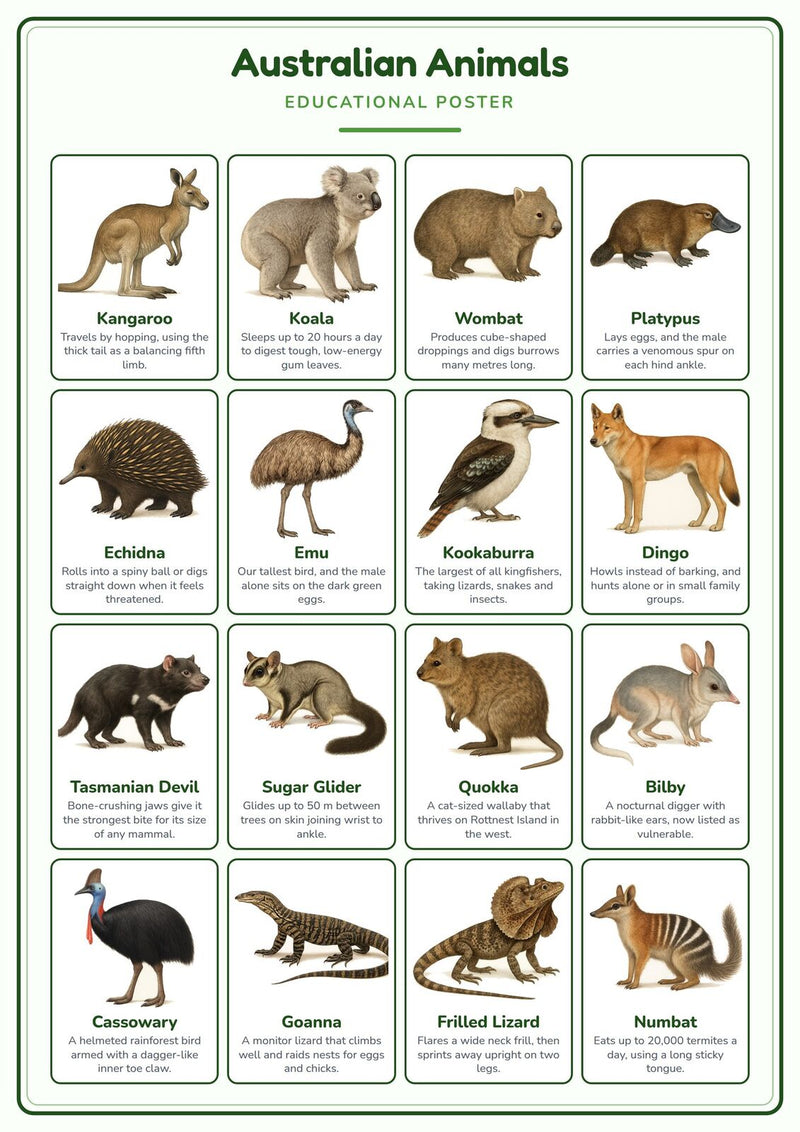 Load image into Gallery viewer, Australian Animals: A4 Matte Laminated Educational Poster Print - 210x297mm-0
