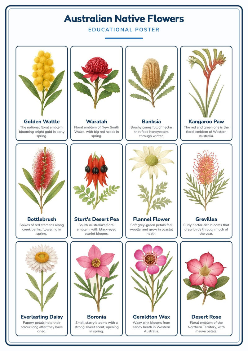 Load image into Gallery viewer, Australian Native Flowers: A4 Matte Laminated Educational Poster Print - 210x297mm-1
