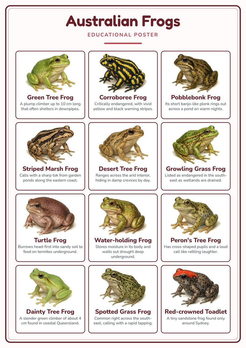 Load image into Gallery viewer, Australian Frogs: A4 Matte Laminated Educational Poster Print - 210x297mm-0
