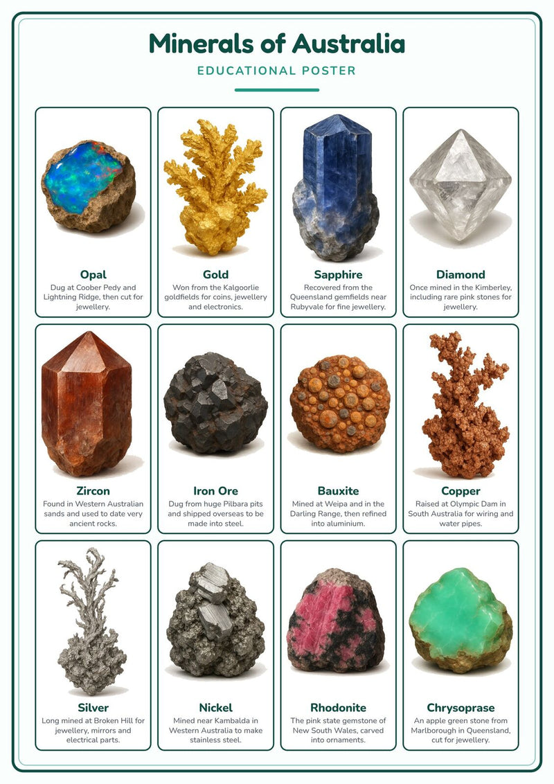 Load image into Gallery viewer, Minerals of Australia: A4 Matte Laminated Educational Poster Print - 210x297mm-1
