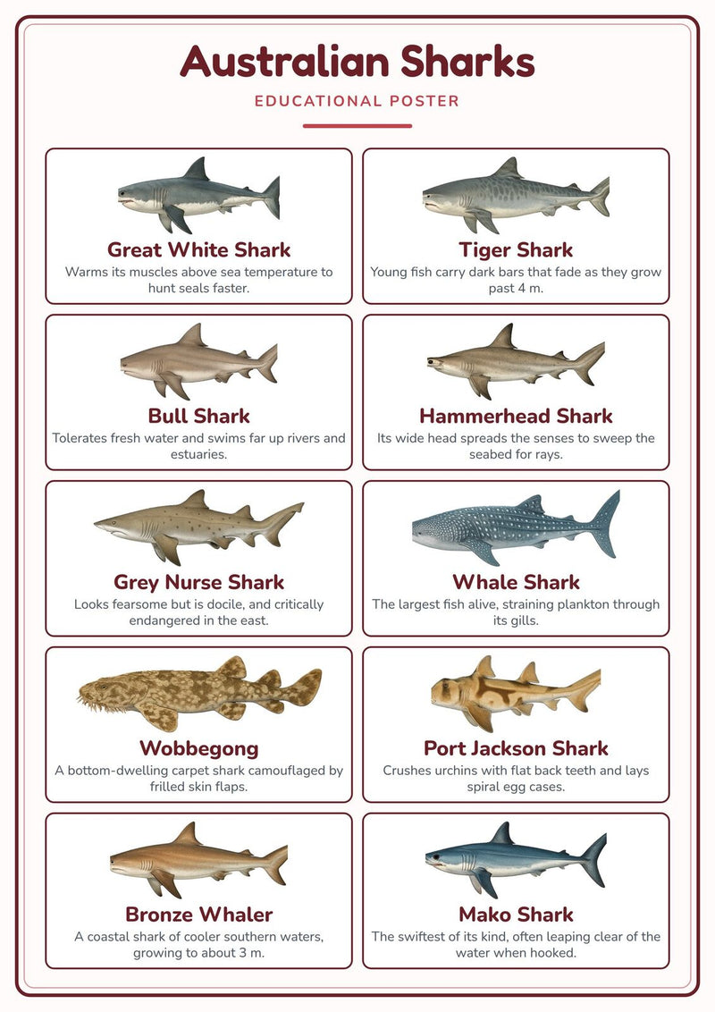 Load image into Gallery viewer, Australian Sharks: A4 Matte Laminated Educational Poster Print - 210x297mm-1
