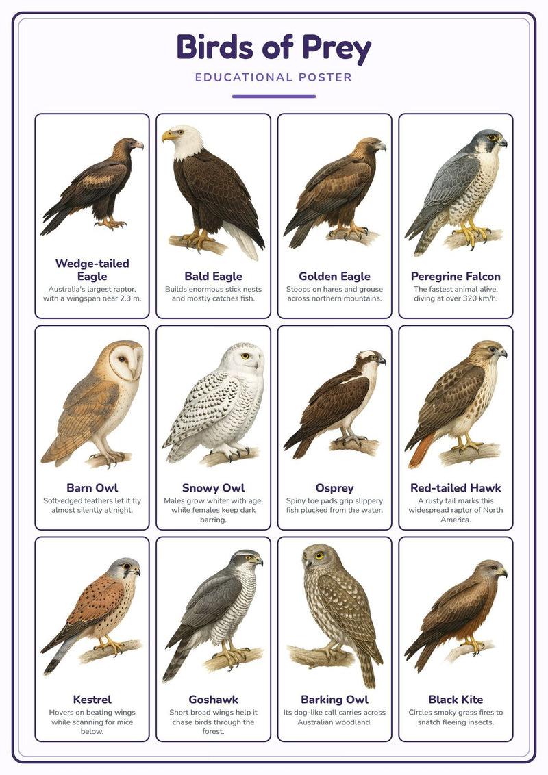 Load image into Gallery viewer, Birds of Prey: A4 Matte Laminated Educational Poster Print - 210x297mm-1
