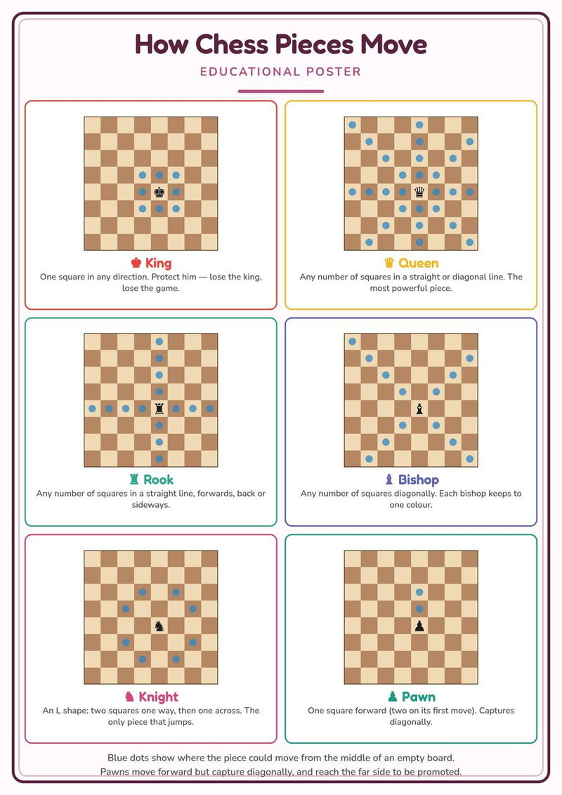 Load image into Gallery viewer, How Chess Pieces Move: A4 Matte Laminated Educational Poster Print - 210x297mm-1
