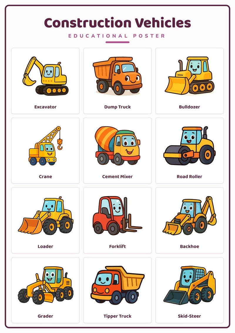 Load image into Gallery viewer, Construction Vehicles: A4 Matte Laminated Educational Poster Print - 210x297mm-1
