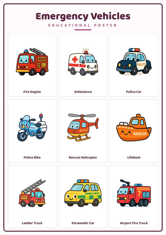 Emergency Vehicles: A4 Matte Laminated Educational Poster Print - 210x297mm-1