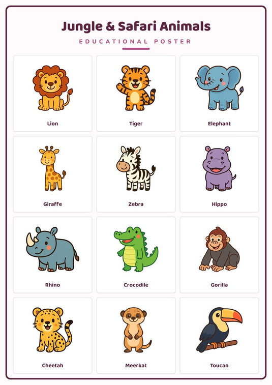 Jungle & Safari Animals: A4 Matte Laminated Educational Poster Print - 210x297mm-1