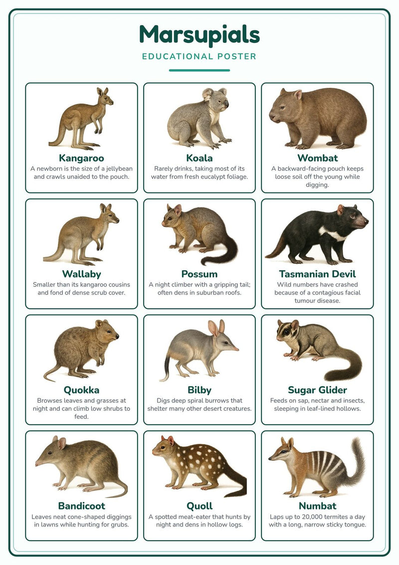 Load image into Gallery viewer, Marsupials: A4 Matte Laminated Educational Poster Print - 210x297mm-1
