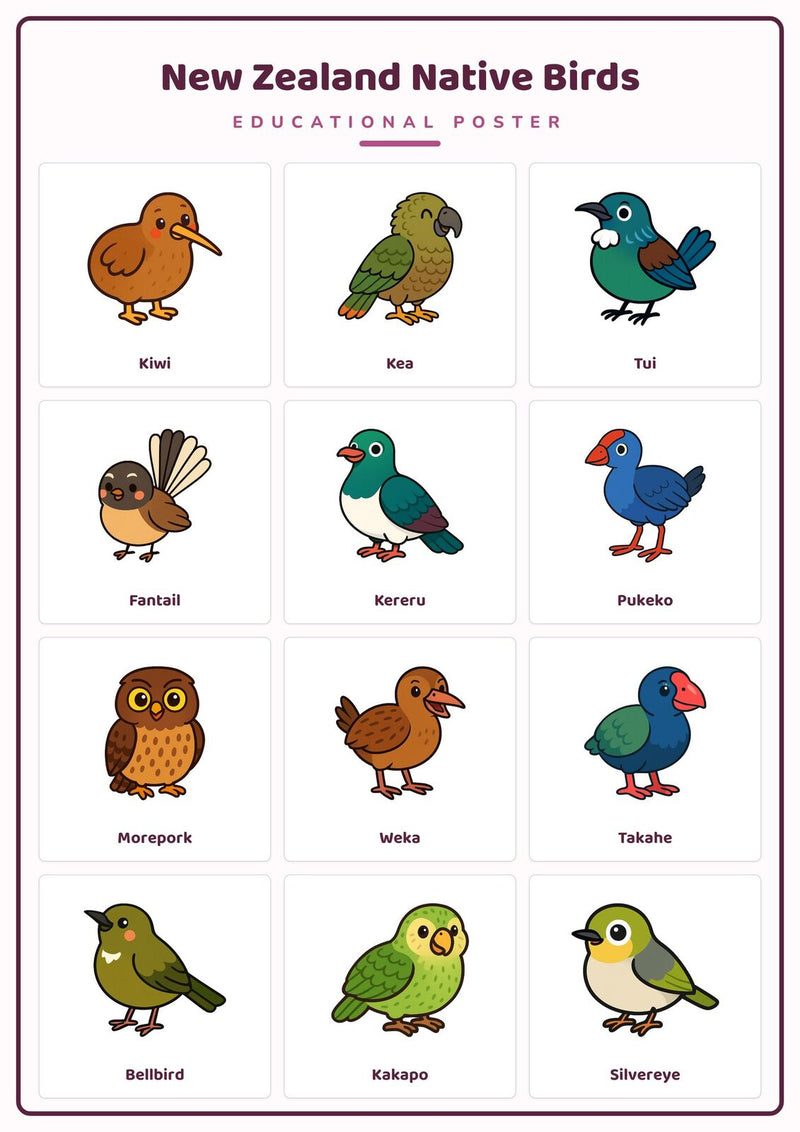 Load image into Gallery viewer, New Zealand Native Birds: A4 Matte Laminated Educational Poster Print - 210x297mm-0
