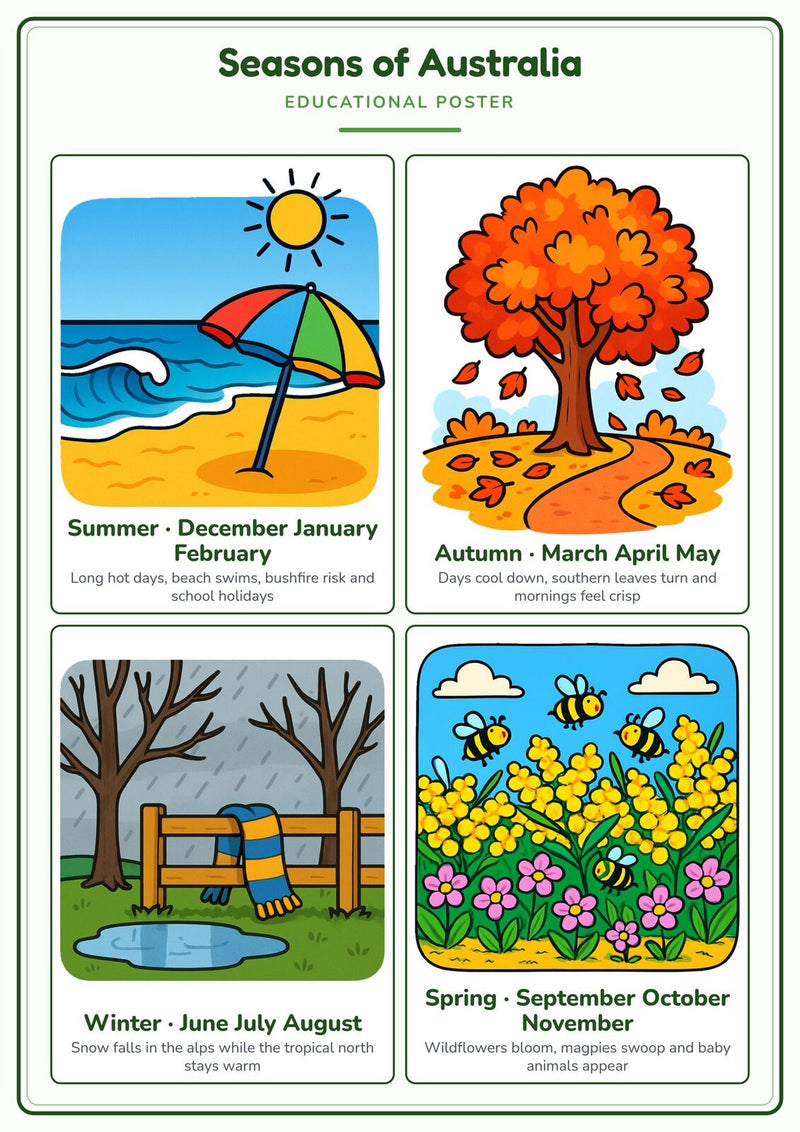 Load image into Gallery viewer, Seasons of Australia: A4 Matte Laminated Educational Poster Print - 210x297mm-1
